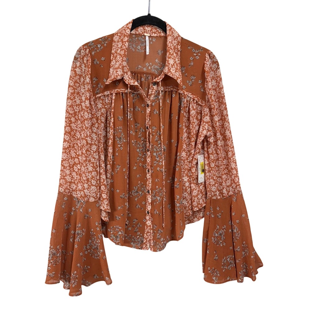 Free People Serena Printed Boho Top Small Forest Fairy Flare Sleeve Sheer Rust